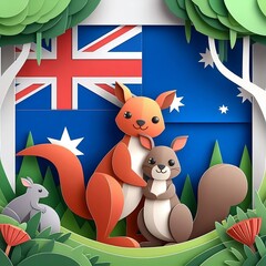 australia flag with kangaroo and squirrel with a happy smile in a forest, in Vector Design Illustration for Background space for copy 26 january celebration created with generative ai	