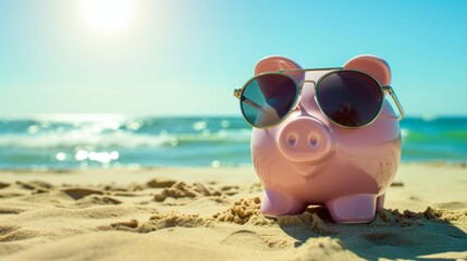 Piggy bank wearing sunglasses on a sunny beach generative ai