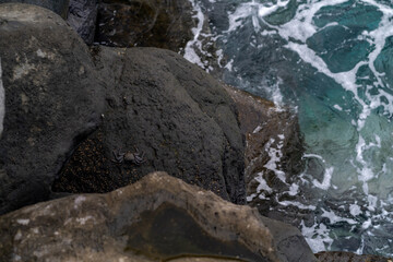 Fototapeta premium rocky coast of the sea with waves breaking on the shore, close-up