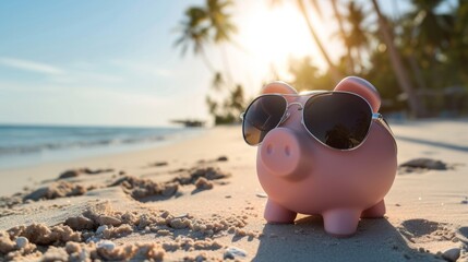 Piggy bank wearing sunglasses on a sunny beach generative ai
