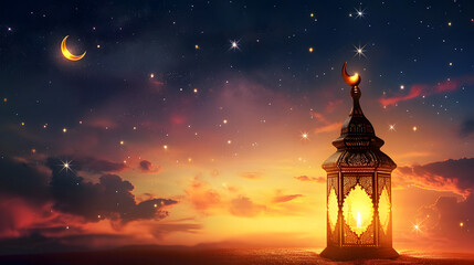 Ramadan lantern with beautiful night background decorated with stars and crescent moon - obrazy, fototapety, plakaty
