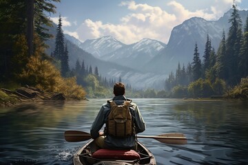 Man paddling a canoe on a lake with mountains in the background, Ai Generated