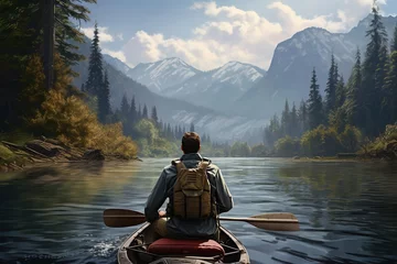 Foto op Canvas Man paddling a canoe on a lake with mountains in the background, Ai Generated © Mediapro