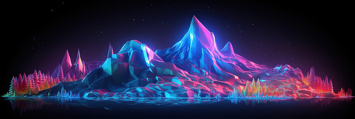 Mountain landscape in neon style, Futuristic landscape with mountains, trees, Ai Generated