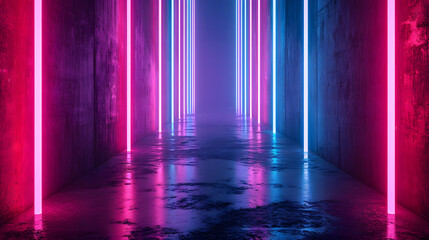 Futuristic sci-fi abstract neon lights and reflective concrete on a dark room