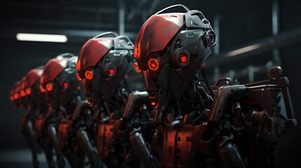 Row of robot heads in a factory, 3D Rendering, Ai Generated
