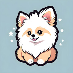 cute cartoon sticker art design of a tiny fluffy white and brown pomeranian dog puppy