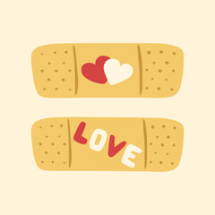 Set of band-aids, plasters, patches. Illustration of broken heart. Design for greeting card, invitation, print, sticker. Illustration for valentine's day.	