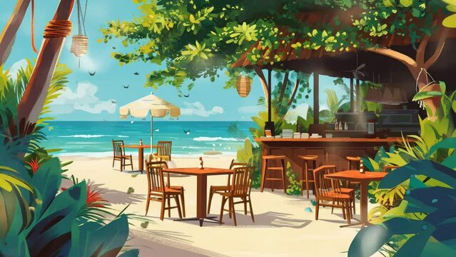 restaurant on tropical beach with sea and trees in summer holiday. cartoon or anime watercolor digital painting illustration style, seamless looping 4k video animation background - 3