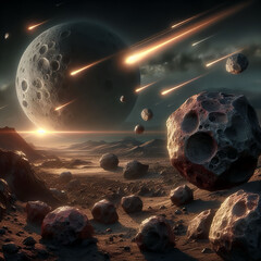 View of gigantic asteroids and comets in space from planet.