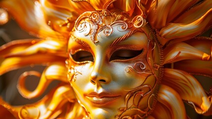 Radiant sun-inspired masquerade mask in shades of orange and yellow generative ai