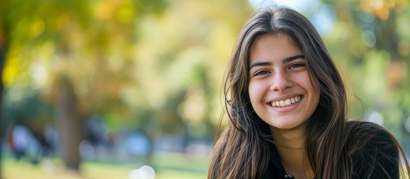 Attractive brunette teenager smiles in a park, portraying happiness and wellbeing.