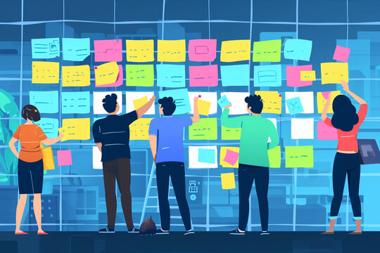 Illustration of a creative brainstorming session with sticky notes on a wall, Flat illustration