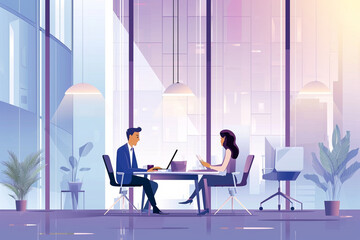Illustration of a one-on-one business meeting in a modern office, Flat illustration