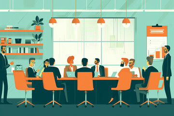 Illustration of a heated debate in a boardroom setting, Flat illustration