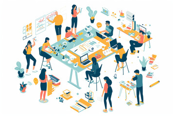 Illustration of a creative workshop with participants brainstorming ideas, Flat illustration