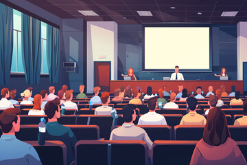 Illustration of a corporate training session in a lecture hall, Flat illustration