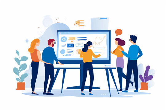 Illustration of a project debrief with team members standing around a monitor, Flat illustration