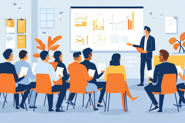 Illustration of a leadership seminar in a corporate setting, Flat illustration
