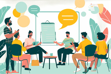 Illustration of a communication skills workshop with interactive discussions, Flat illustration