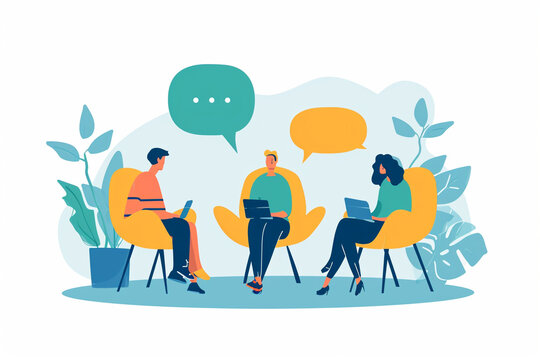 Illustration of a communication skills workshop with interactive discussions, Flat illustration