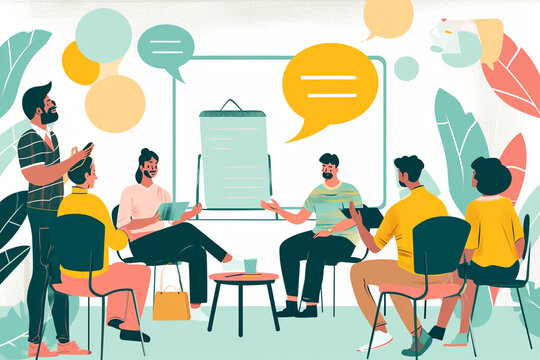 Illustration of a communication skills workshop with interactive discussions, Flat illustration