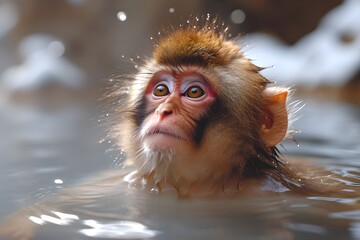 温泉に浸かっている猿 - obrazy, fototapety, plakaty