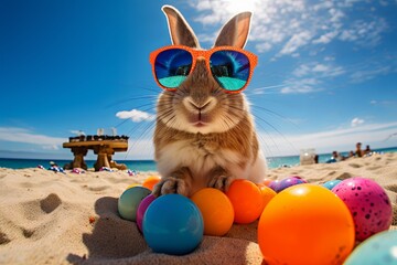 Cool Easter bunny with sunglasses on the beach with colorful Easter eggs.