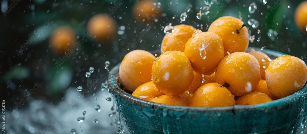 Sticker water falling on fresh loquat fruit in a bowl.