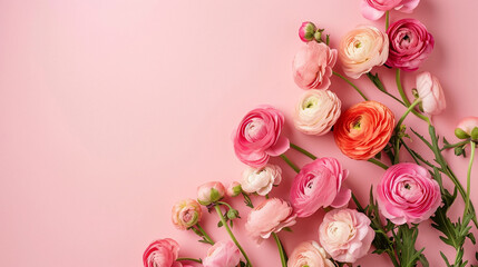 A border of pastel-colored ranunculus on a complementary soft background, wedding, Flat lay, top view, with copy space - obrazy, fototapety, plakaty