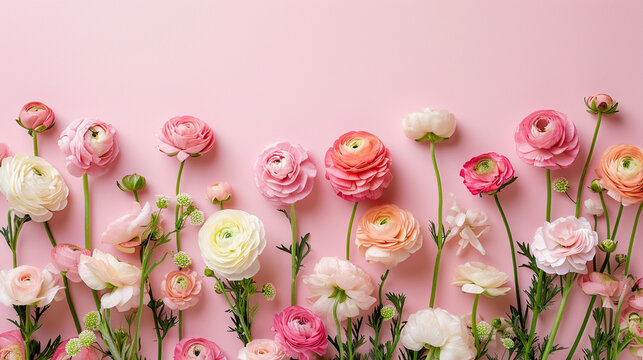 A border of pastel-colored ranunculus on a complementary soft background, wedding, Flat lay, top view, with copy space