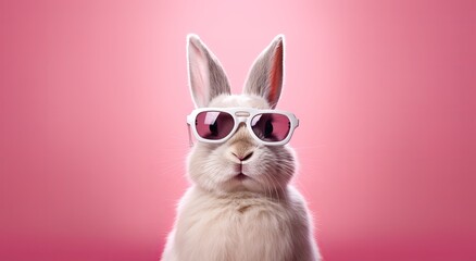 Cool Easter bunny with sunglasses in front of a pink background wall. - obrazy, fototapety, plakaty