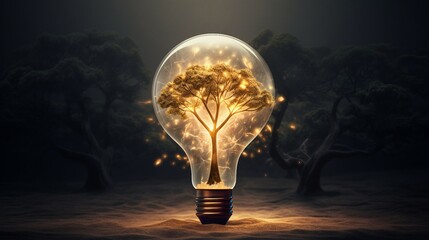 light bulb with tree inside on black background
