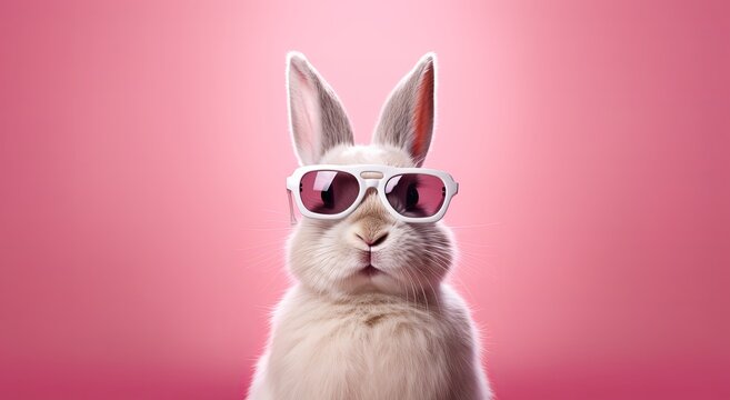 Cool Easter bunny with sunglasses in front of a pink background wall. - Powered by Adobe