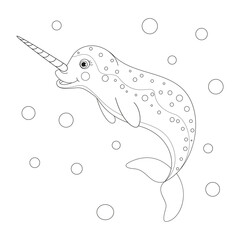 Hand drawn cartoon funny narwhal. Nursery unicorn of sea. Vector illustration isolated on white background.