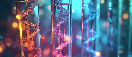DNA in healthcare and science technology, chromosomal structure, test tube with sample chemicals in chemistry, biology, and biotechnology lab, innovative medicine and medical research, glassware. - obrazy, fototapety, plakaty