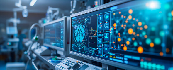 brain testing result  on digital interface on laboratory or surgery background, innovative technology in science and medicine concept. medical technology - obrazy, fototapety, plakaty