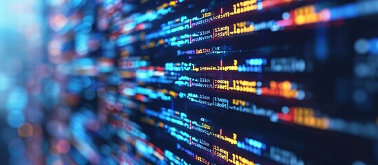 Programming software, utilizing neural networks and machine learning for big data and artificial intelligence, displays coding language on screen.