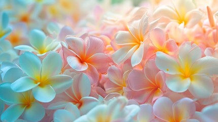 Sun-kissed plumeria flowers in a variety of soft pastels generative ai