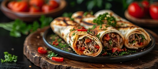 Lavash roll with raw meat, a classic Turkish dish named Cig Kofte Durum. - obrazy, fototapety, plakaty