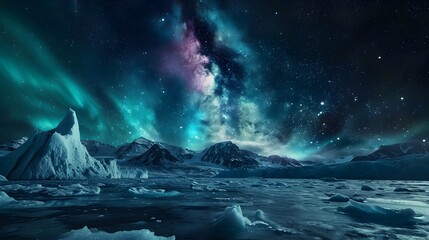 Northern Lights Arctic Ice Mountains With Milky Way Galaxy Stars Night Sky (Generative AI)