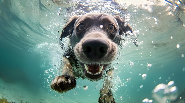 Dog Swimming Underwater Playfully With Bubbles Splashing All Around.  (Generative AI).