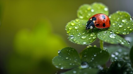 Fototapeta premium Ladybug On Four Leaf Clover With Dew Drops. (Generative AI).