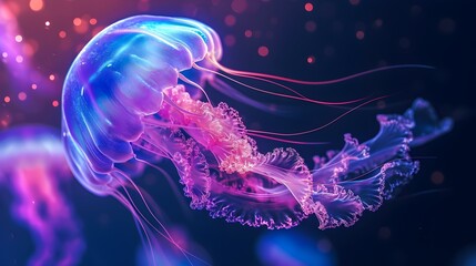 Bright Neon Jellyfish On Dark Purple Background (Generative AI)