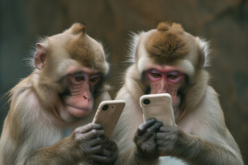 A closeup of two adult monkeys playing and texting with mobile cell phone technology. 