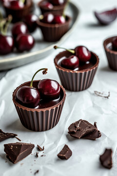 Ginga liquor in small chocolate cups with raw cherries on the blue tile