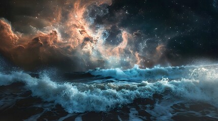 Arctic North Sea Storm Waves Clashing With Space Nebula Galaxy Stars Composite Photo (Generative AI).