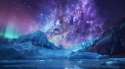 Naklejka premium Arctic Ice Glaciers With Aurora Borealis Space Cosmos Background. (Generative AI).