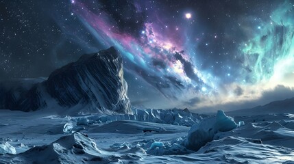 Arctic Ice Glaciers With Aurora Borealis Space Cosmos Background.  (Generative AI).