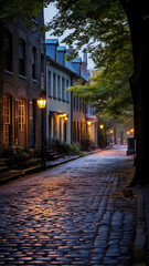 Obraz premium Historic District Beauty at Dawn with Cobblestone Streets and Vintage Charm in Soft Light